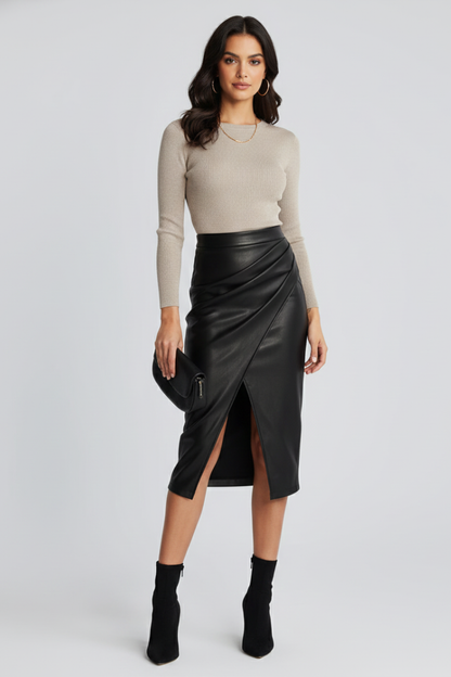 Elegant Faux Leather Midi Skirt for Women with High Waist Draped Wrap Front Pencil Style