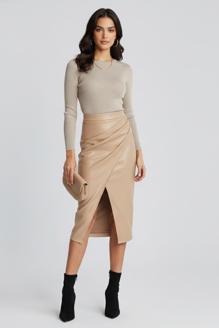 Elegant Faux Leather Midi Skirt for Women with High Waist Draped Wrap Front Pencil Style