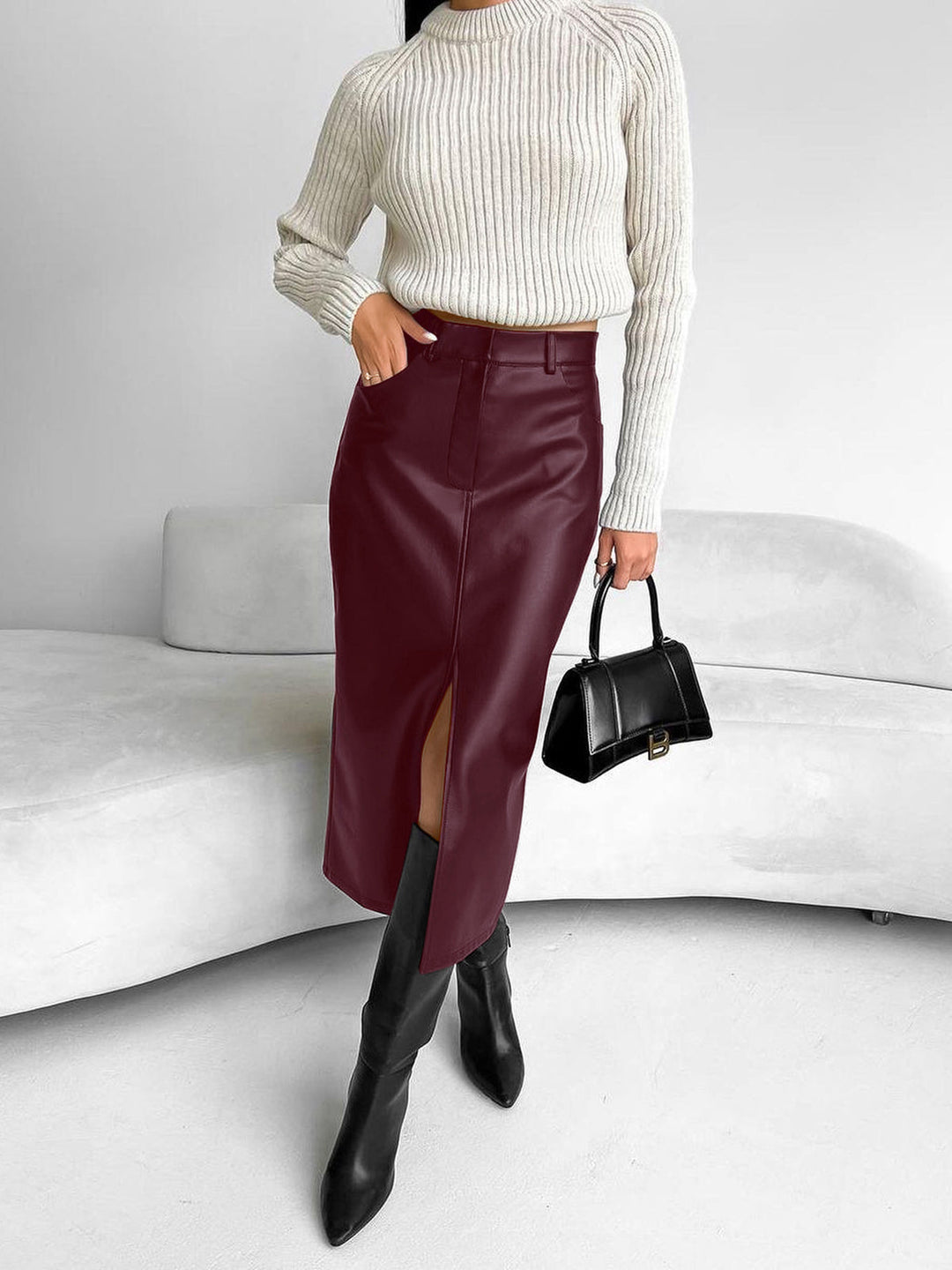Elegant Faux Leather Midi Skirt for Women with High Waist Front Slit Column Style