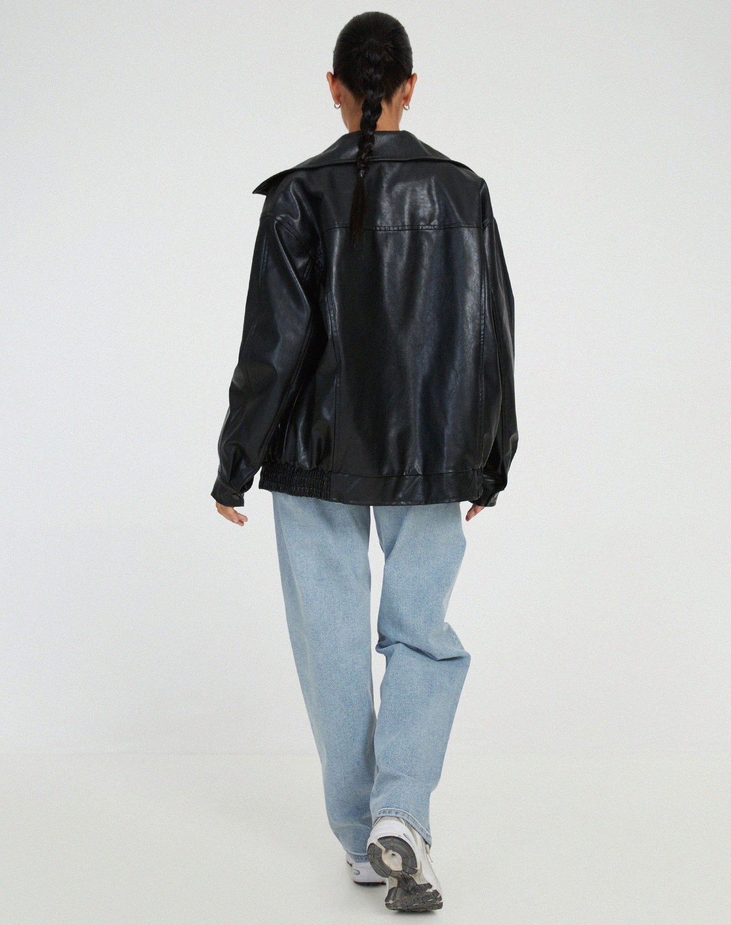 Effortless Faux Leather Jacket for Women with Collared Long Sleeve Oversized Relaxed Style