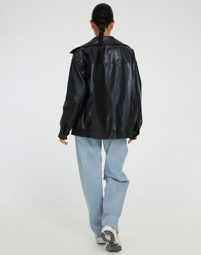 Effortless Faux Leather Jacket for Women with Collared Long Sleeve Oversized Relaxed Style