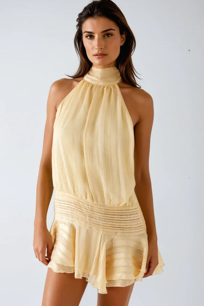 Elegant Striped Halter Neck Mini Dress for Women with High Neck Ruffle Hem Backless Flowing Style