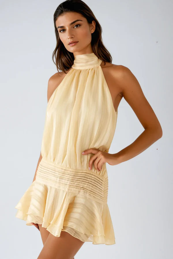 Elegant Striped Halter Neck Mini Dress for Women with High Neck Ruffle Hem Backless Flowing Style