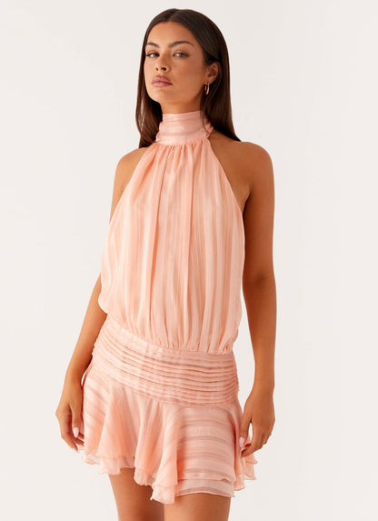Elegant Striped Halter Neck Mini Dress for Women with High Neck Ruffle Hem Backless Flowing Style