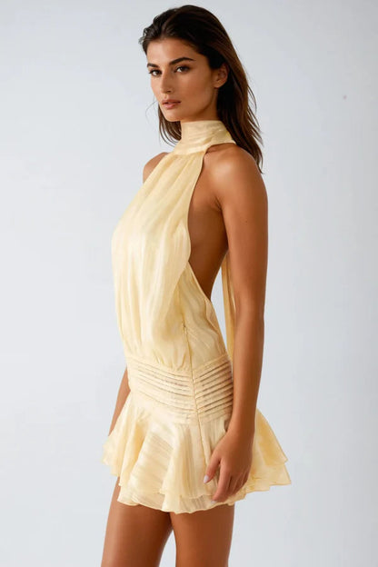 Elegant Striped Halter Neck Mini Dress for Women with High Neck Ruffle Hem Backless Flowing Style