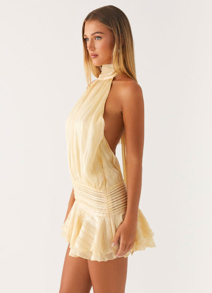 Elegant Striped Halter Neck Mini Dress for Women with High Neck Ruffle Hem Backless Flowing Style