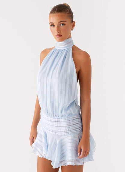 Elegant Striped Halter Neck Mini Dress for Women with High Neck Ruffle Hem Backless Flowing Style