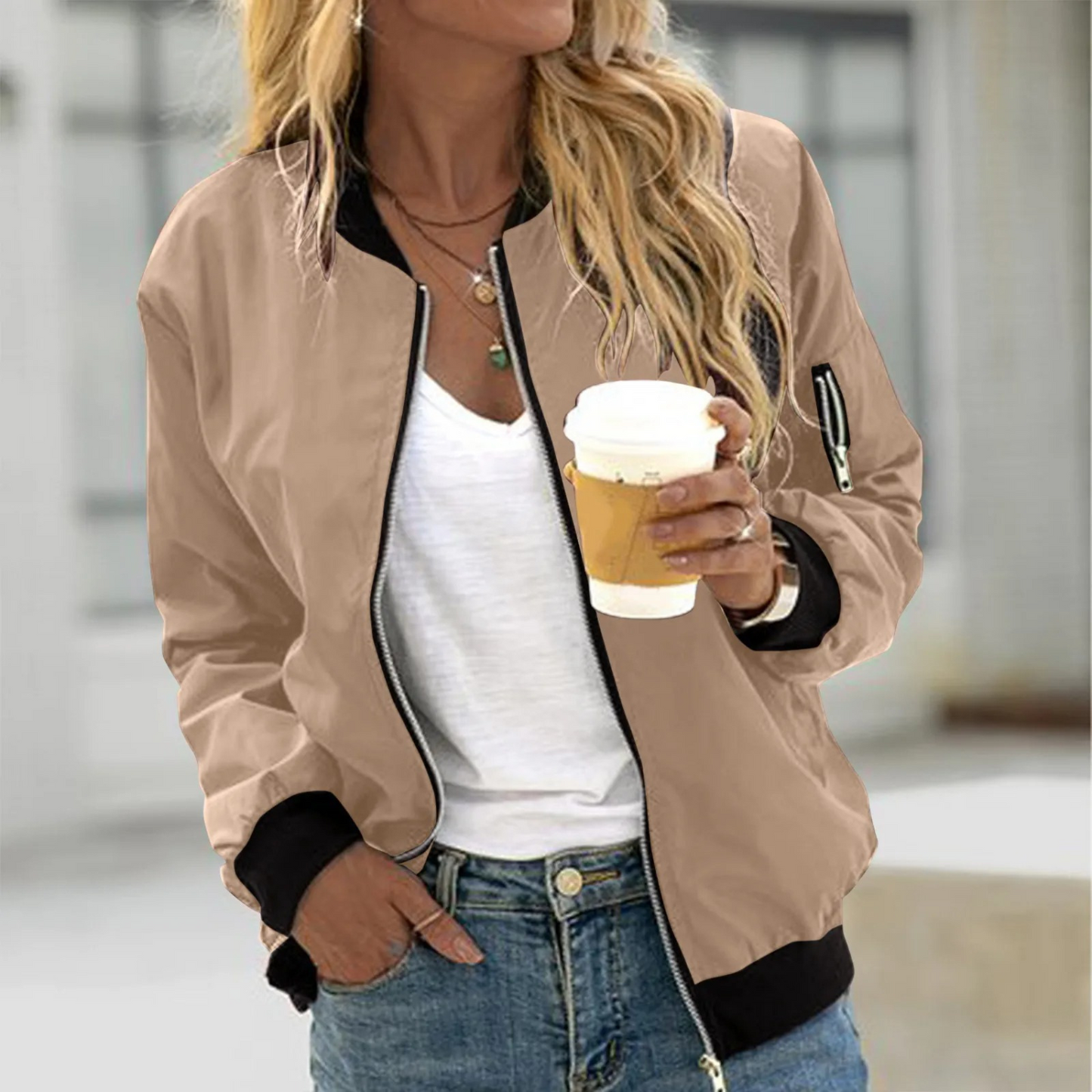 Effortless Bomber Jacket for Women with Ribbed Collar Long Sleeve Zip Front Casual Style