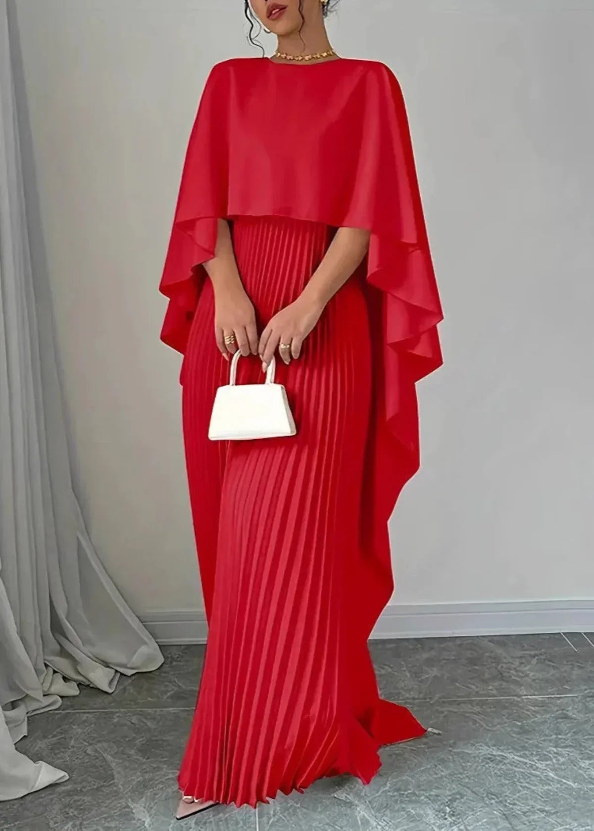 Elegant Red Pleated Maxi Dress for Women with Round Neck Cape Overlay Sleeveless Formal Wedding Guest Style
