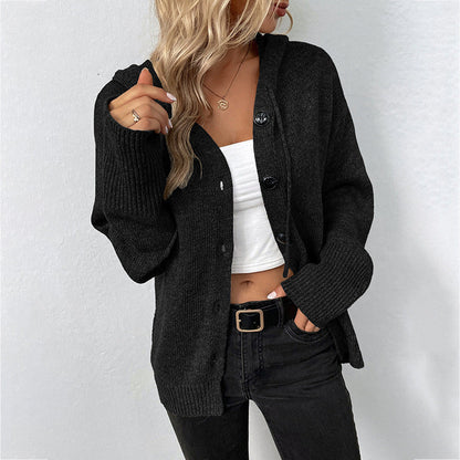 Comfortable Ribbed Knit Cardigan for Women with Hooded Button Front Long Sleeve Oversized Relaxed Style