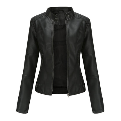 Effortless Faux Leather Biker Jacket for Women with Stand Collar Long Sleeve Cropped Zip Front Style