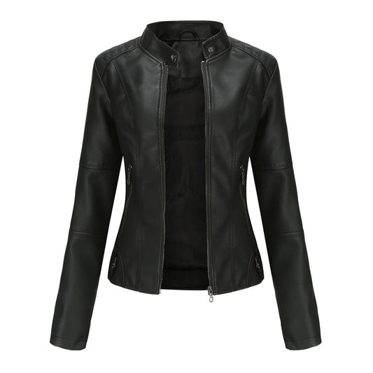 Effortless Faux Leather Biker Jacket for Women with Stand Collar Long Sleeve Cropped Zip Front Style