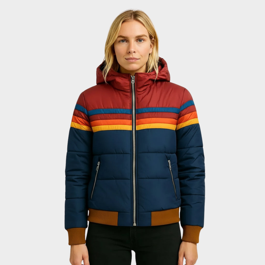 Cozy Retro Stripe Hooded Puffer Jacket for Women with Colorblock Ribbed Cuff Zip Front Insulated Winter Style