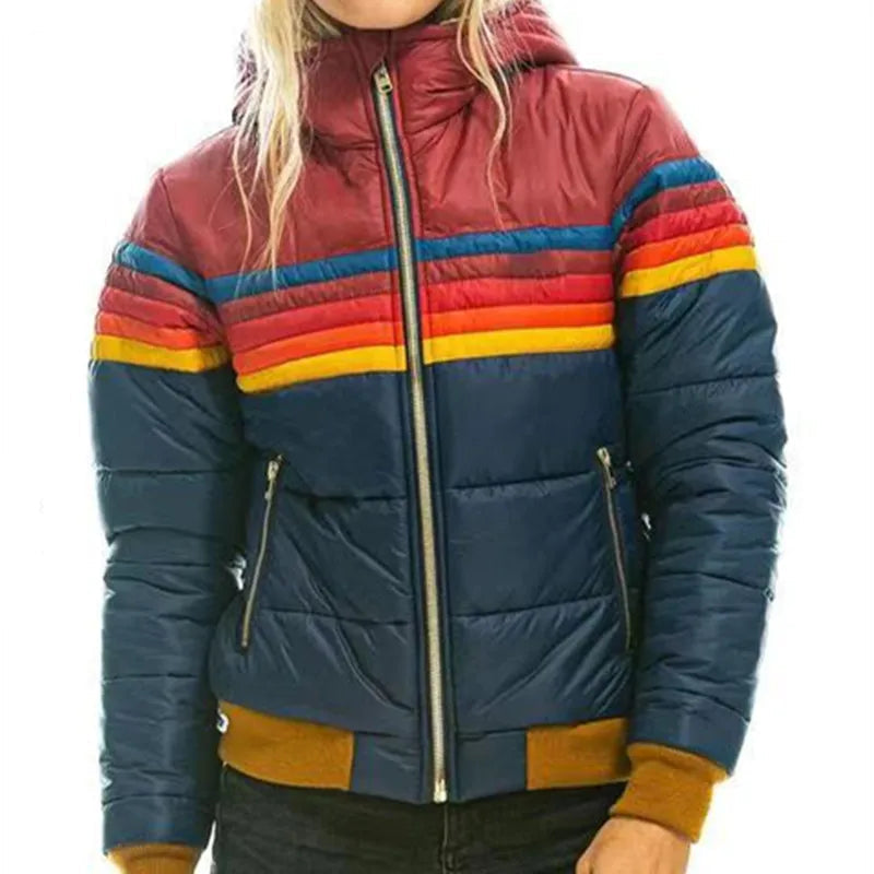 Cozy Retro Stripe Hooded Puffer Jacket for Women with Colorblock Ribbed Cuff Zip Front Insulated Winter Style
