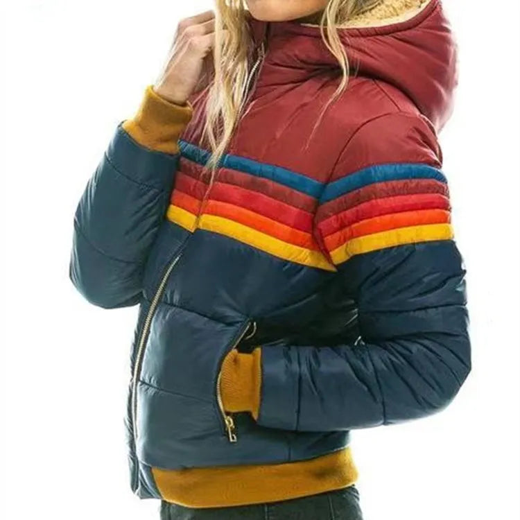 Cozy Retro Stripe Hooded Puffer Jacket for Women with Colorblock Ribbed Cuff Zip Front Insulated Winter Style