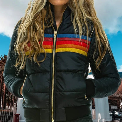 Cozy Retro Stripe Hooded Puffer Jacket for Women with Colorblock Ribbed Cuff Zip Front Insulated Winter Style