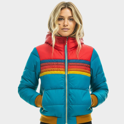 Cozy Retro Stripe Hooded Puffer Jacket for Women with Colorblock Ribbed Cuff Zip Front Insulated Winter Style