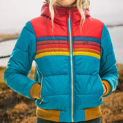 Cozy Retro Stripe Hooded Puffer Jacket for Women with Colorblock Ribbed Cuff Zip Front Insulated Winter Style