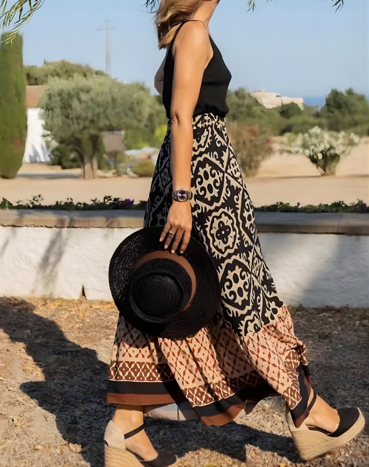 Effortless Tile Print Maxi Skirt for Women with High Waist Tiered Ruffle Hem Bohemian Style