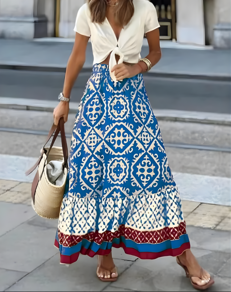Effortless Tile Print Maxi Skirt for Women with High Waist Tiered Ruffle Hem Bohemian Style