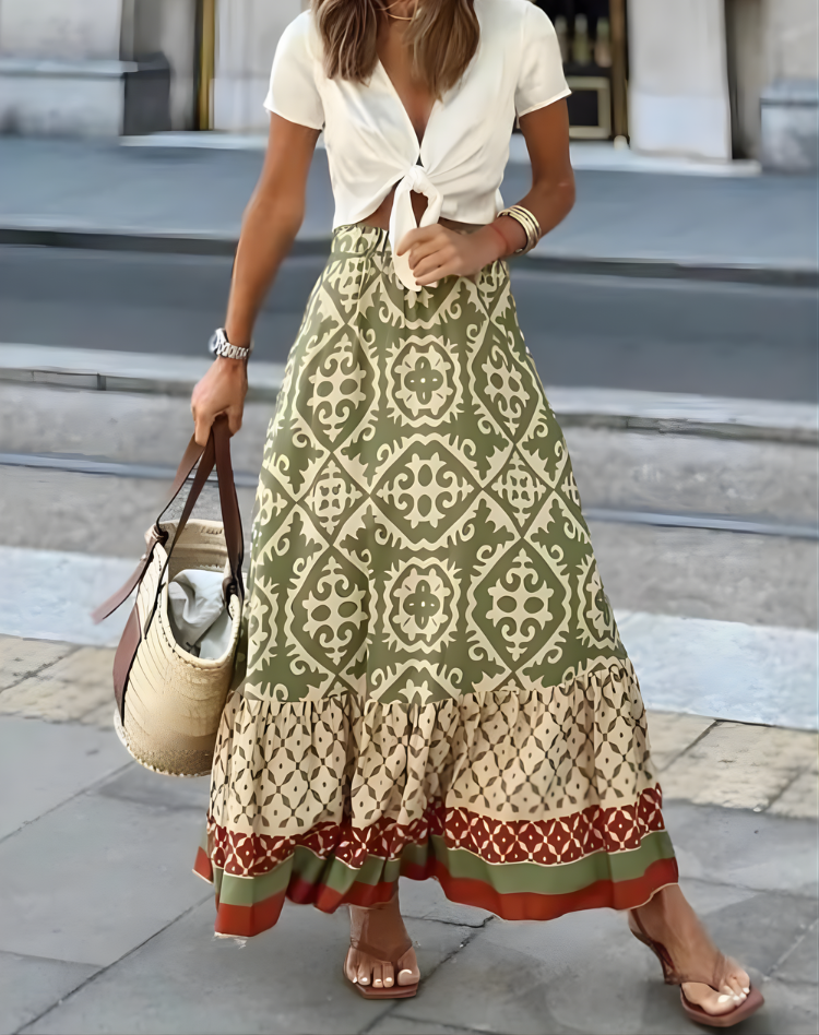 Effortless Tile Print Maxi Skirt for Women with High Waist Tiered Ruffle Hem Bohemian Style