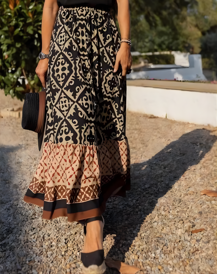 Effortless Tile Print Maxi Skirt for Women with High Waist Tiered Ruffle Hem Bohemian Style
