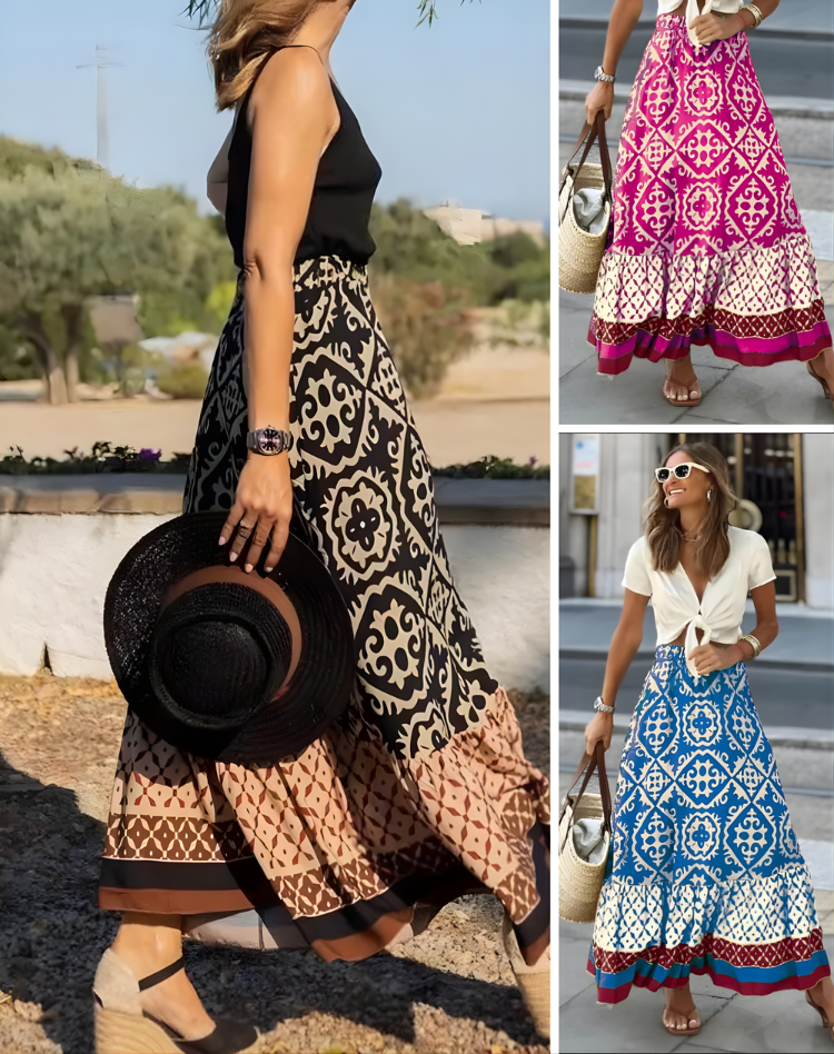Effortless Tile Print Maxi Skirt for Women with High Waist Tiered Ruffle Hem Bohemian Style