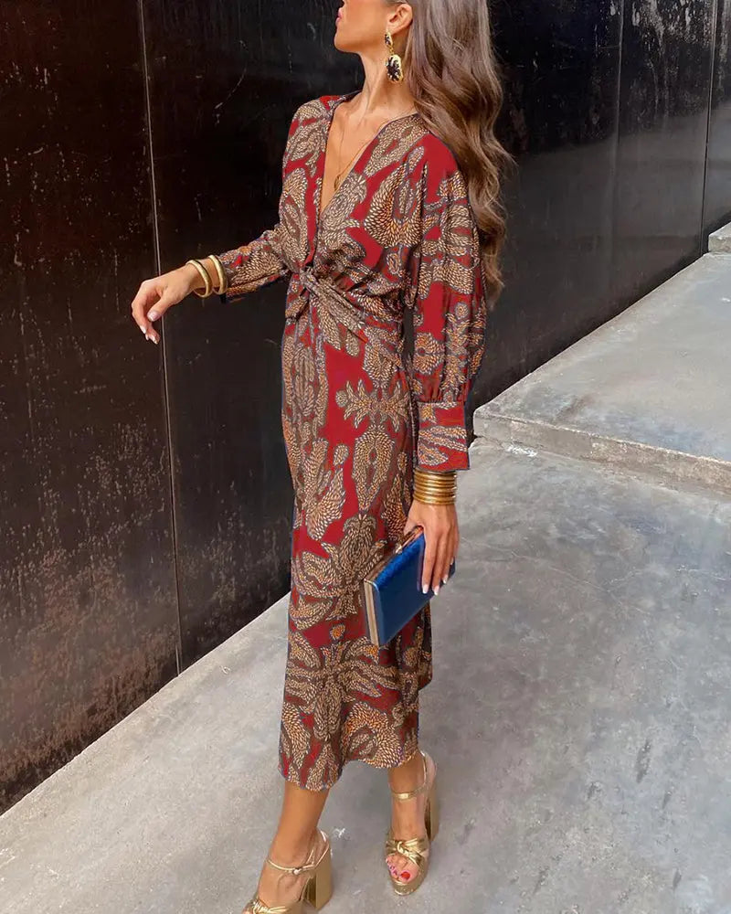 Elegant Red Floral Print Maxi Dress for Women with Deep V-Neck Twist Waist Batwing Sleeve Wrap Style