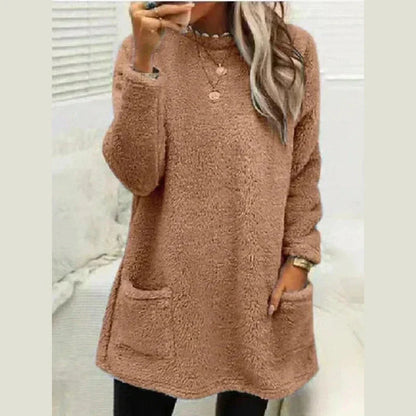 Cozy Longline Fleece Sweater for Women with Round Neck Long Sleeve Button Pocket Pullover Style