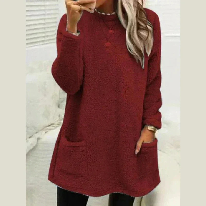 Cozy Longline Fleece Sweater for Women with Round Neck Long Sleeve Button Pocket Pullover Style