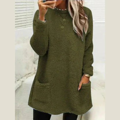 Cozy Longline Fleece Sweater for Women with Round Neck Long Sleeve Button Pocket Pullover Style