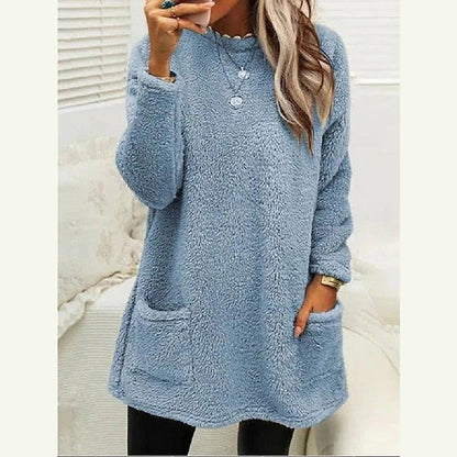 Cozy Longline Fleece Sweater for Women with Round Neck Long Sleeve Button Pocket Pullover Style
