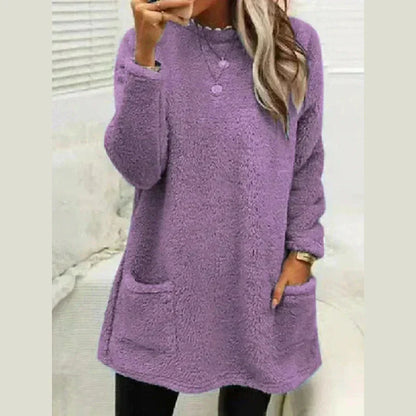 Cozy Longline Fleece Sweater for Women with Round Neck Long Sleeve Button Pocket Pullover Style