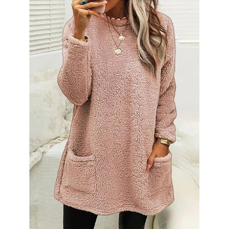 Cozy Longline Fleece Sweater for Women with Round Neck Long Sleeve Button Pocket Pullover Style