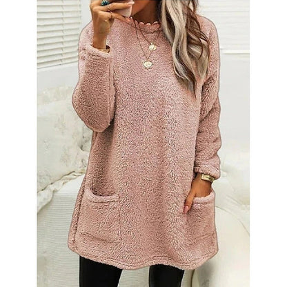 Cozy Longline Fleece Sweater for Women with Round Neck Long Sleeve Button Pocket Pullover Style
