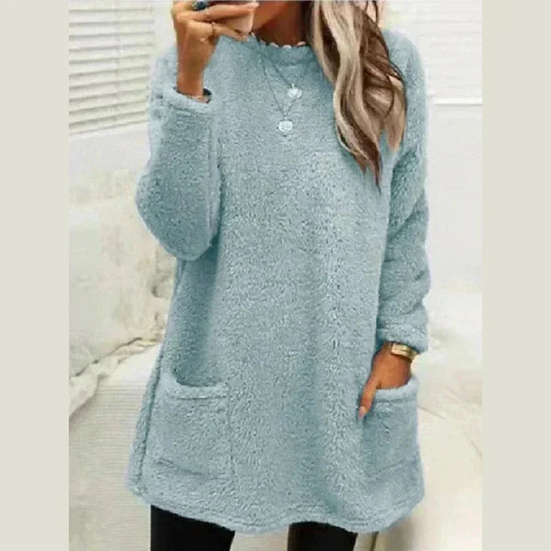 Cozy Longline Fleece Sweater for Women with Round Neck Long Sleeve Button Pocket Pullover Style