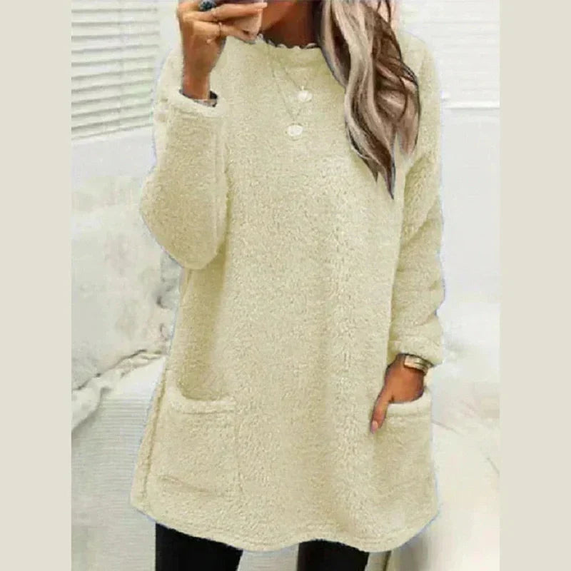 Cozy Longline Fleece Sweater for Women with Round Neck Long Sleeve Button Pocket Pullover Style