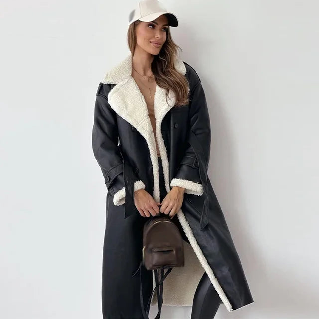 Cozy Black Faux Leather Shearling Coat for Women with Fur Collar Long Sleeve Double Breasted Belted Style