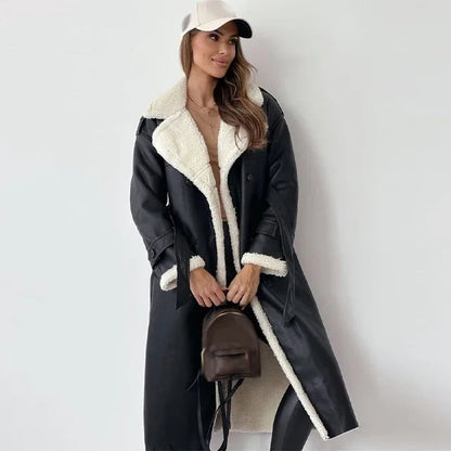 Cozy Black Faux Leather Shearling Coat for Women with Fur Collar Long Sleeve Double Breasted Belted Style