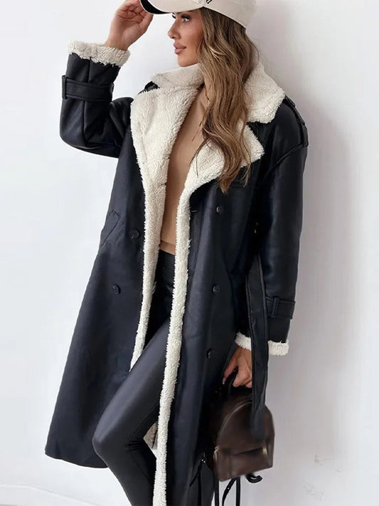 Cozy Black Faux Leather Shearling Coat for Women with Fur Collar Long Sleeve Double Breasted Belted Style