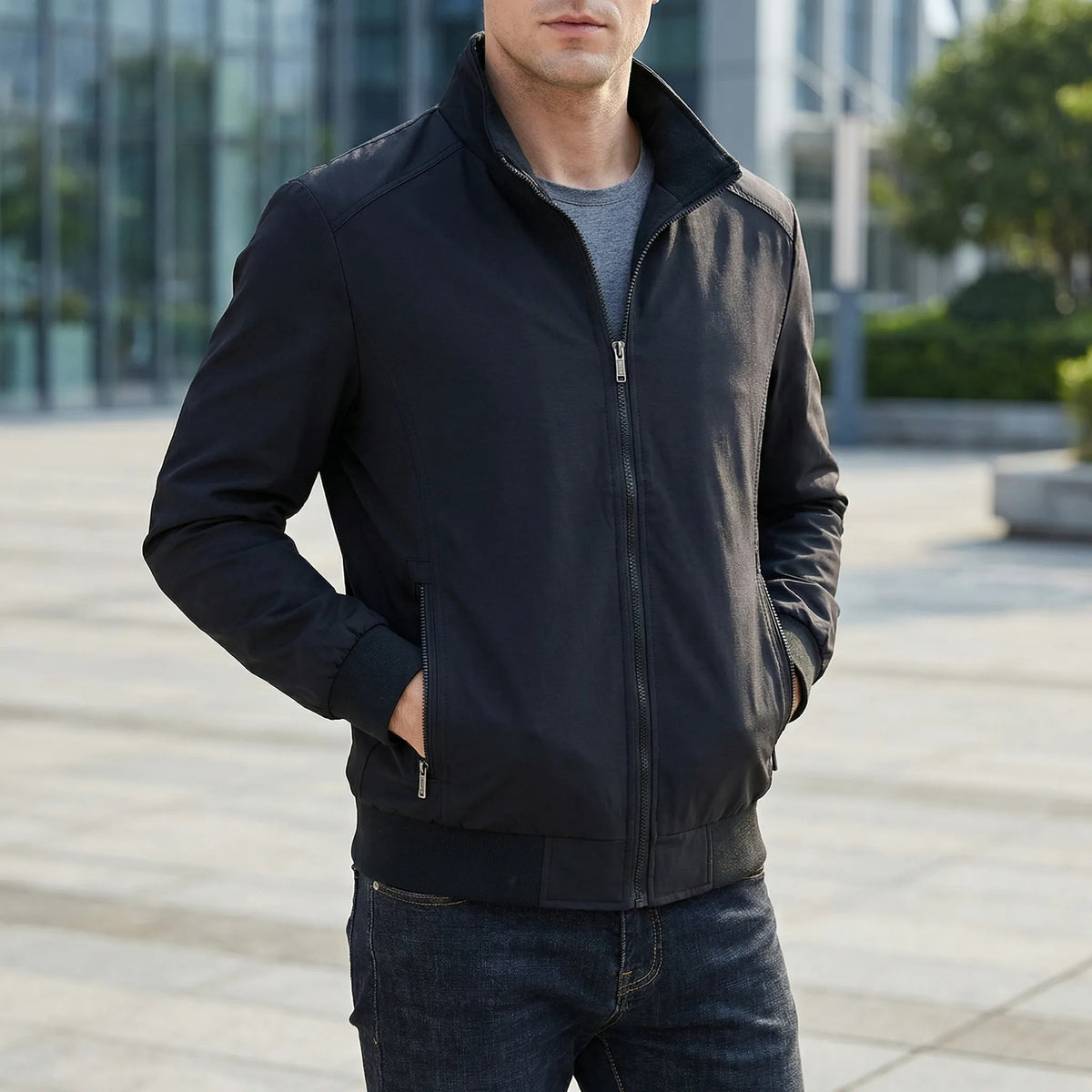 Rugged Softshell Jacket for Men with Stand Collar Long Sleeve Full Zip Windproof Zip-Pocket Style