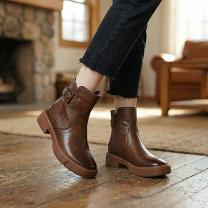 Women's Vintage Ankle Boots Buckle Strap Block Heel Side Zip Round Toe Faux Leather