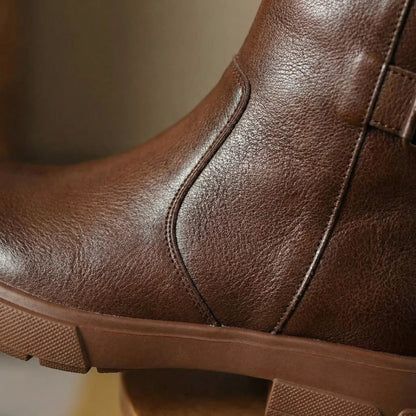 Women's Vintage Ankle Boots Buckle Strap Block Heel Side Zip Round Toe Faux Leather