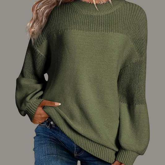 Comfortable Colorblock Knit Sweater for Women with Crew Neck Balloon Sleeve Relaxed Oversized Style
