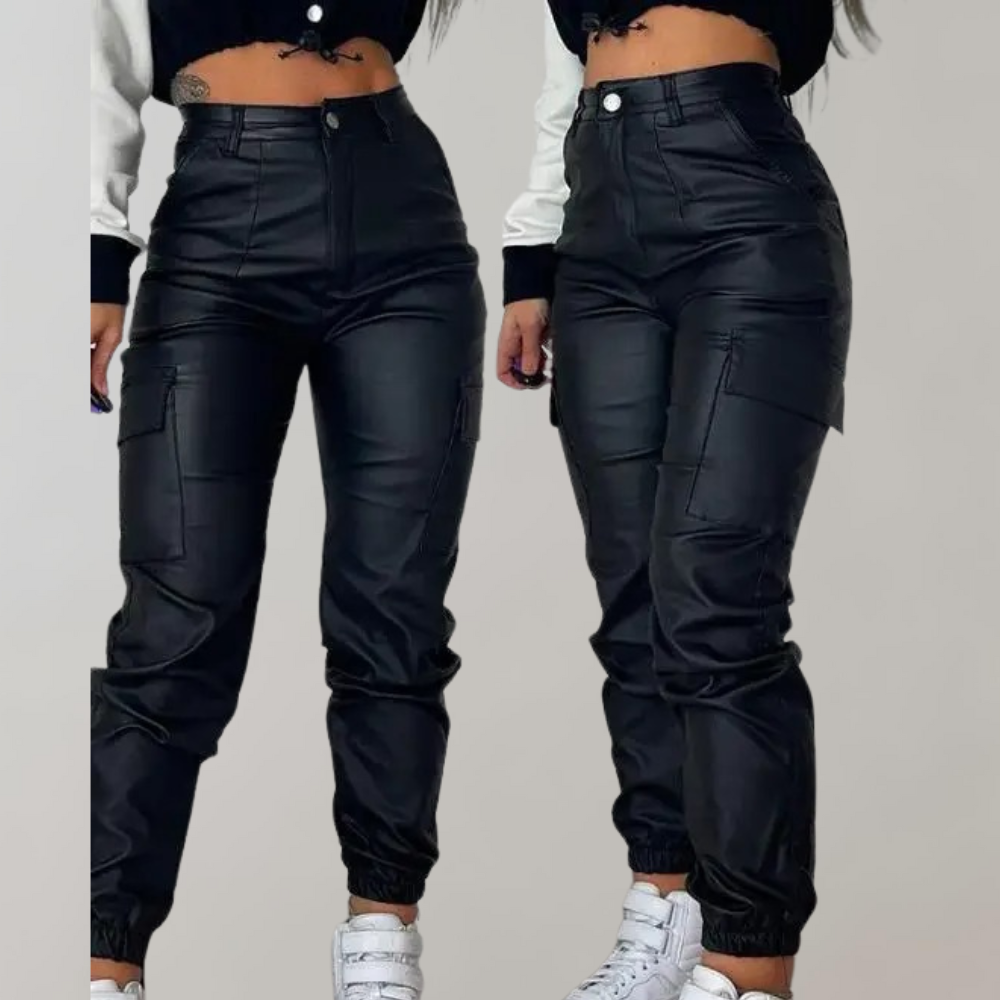 Effortless Faux Leather Cargo Pants for Women with High Waist Pocket Detail Jogger Style