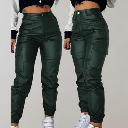 Effortless Faux Leather Cargo Pants for Women with High Waist Pocket Detail Jogger Style