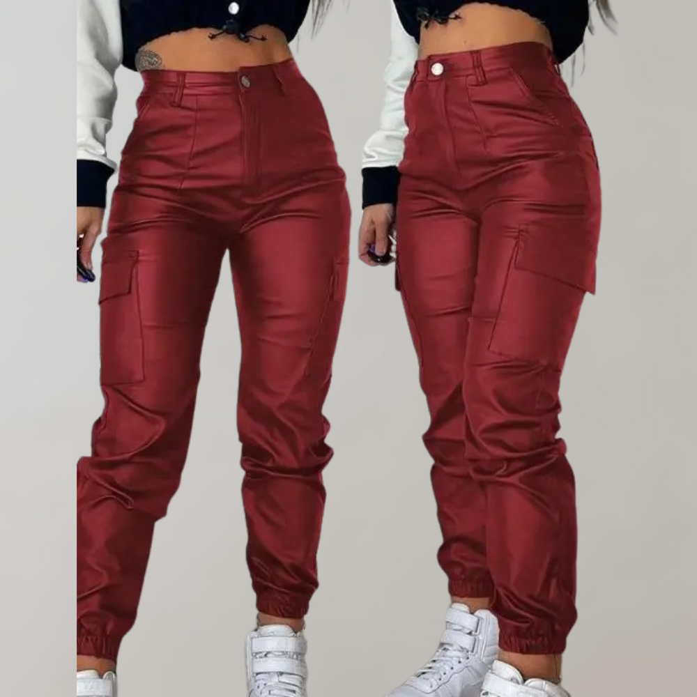 Effortless Faux Leather Cargo Pants for Women with High Waist Pocket Detail Jogger Style