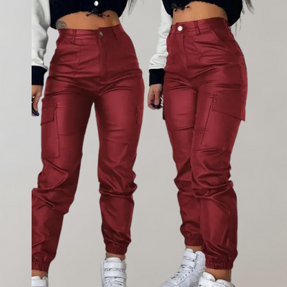 Effortless Faux Leather Cargo Pants for Women with High Waist Pocket Detail Jogger Style