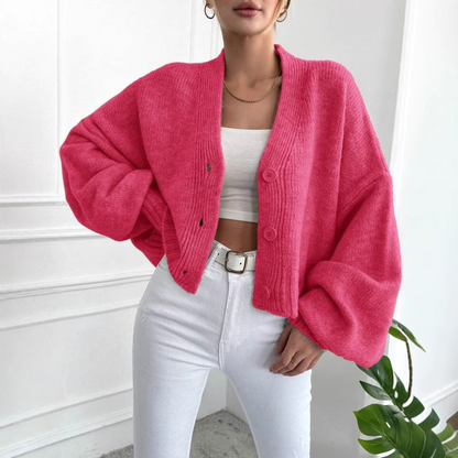 Chic Cropped Knit Cardigan for Women with V Neck Balloon Sleeve Button Front Relaxed Style