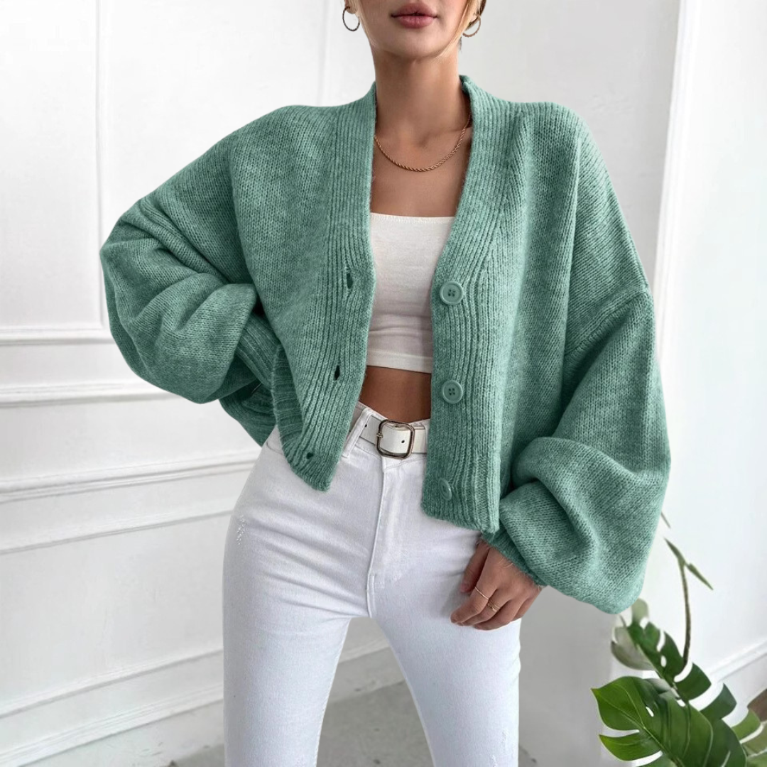 Chic Cropped Knit Cardigan for Women with V Neck Balloon Sleeve Button Front Relaxed Style